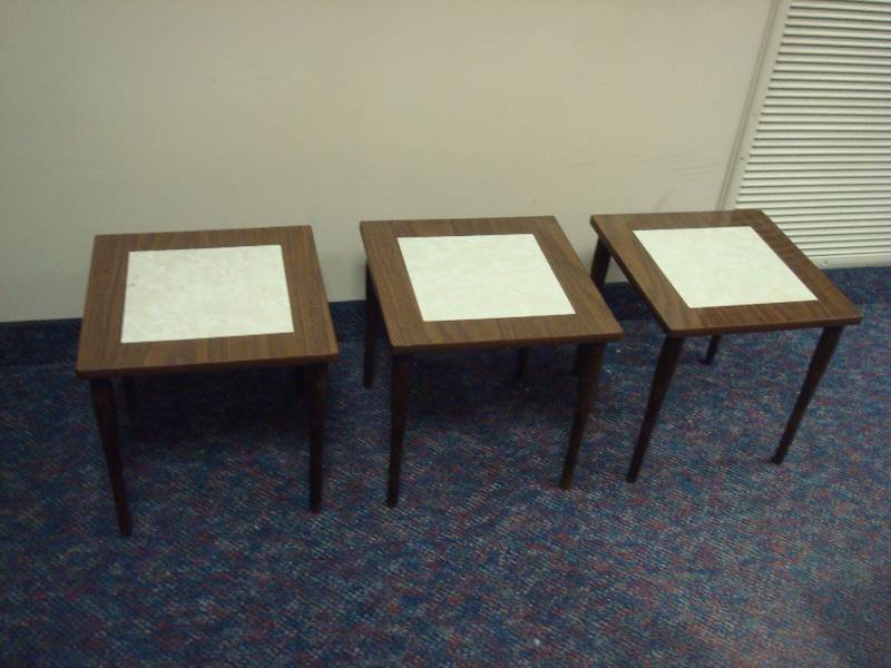 Set Of Three Small Tables, Used, Some Wear, One Has Dinged Corner