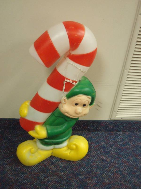 Plastic Christmas Elf With Candy Cane Yard Decor Blowmold, Used, Has Wear