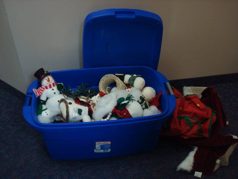 Bin Filled With Christmas Items, Snowmen