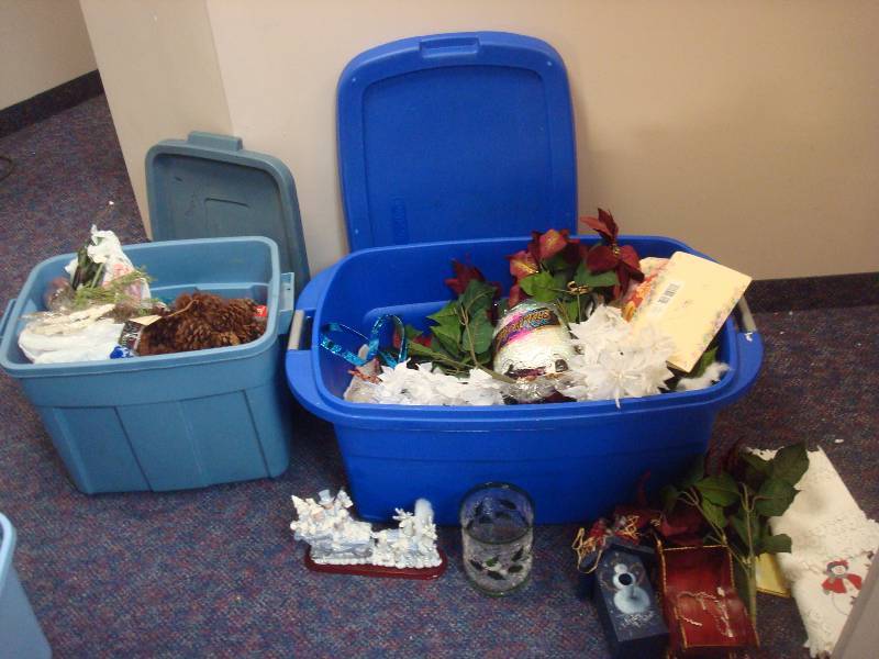Two Bins Filled With Mixed Christmas Items