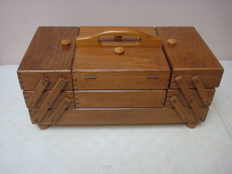Wood Sewing Box With Some Contents