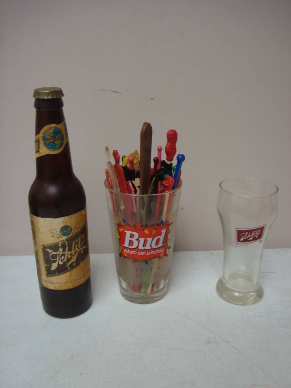 Schlitz Beer Glass And Flashlight, Lots Of Wear To Flashlight, Bud Glass With Stir Sticks