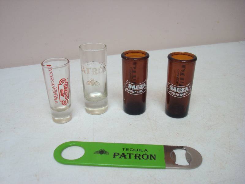 Lot Of Shot Glasses And Patron Bottle Opener