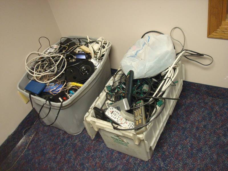 Two Bins WIth Wires, Cords, And Small Electronics, Sold For Scrap