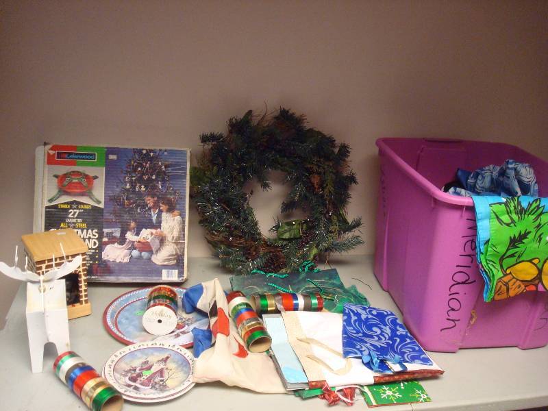 Bin With Some Christmas Items, Lots Of Ribbon