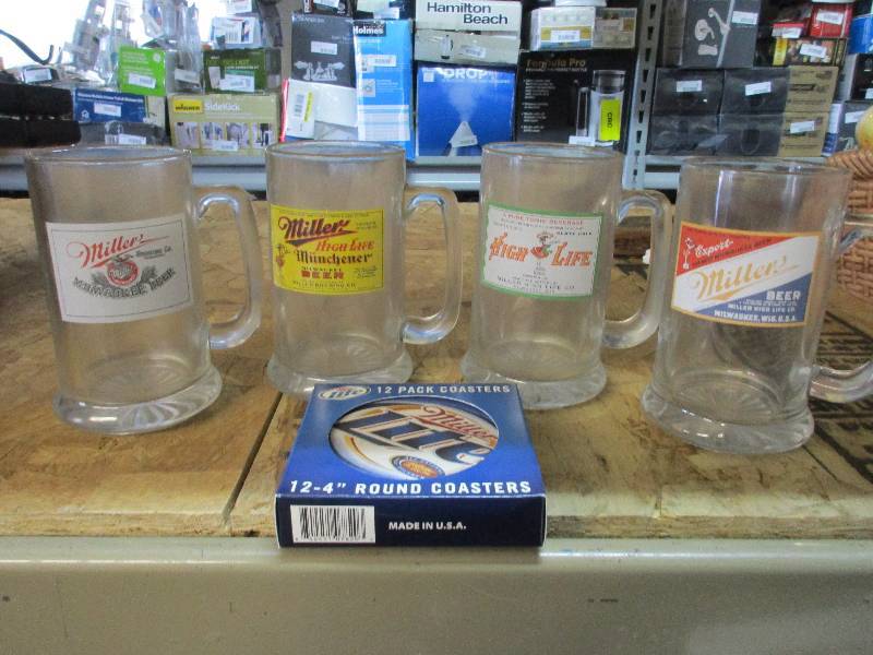 4 Miller beer mugs, 4 Lite coasters