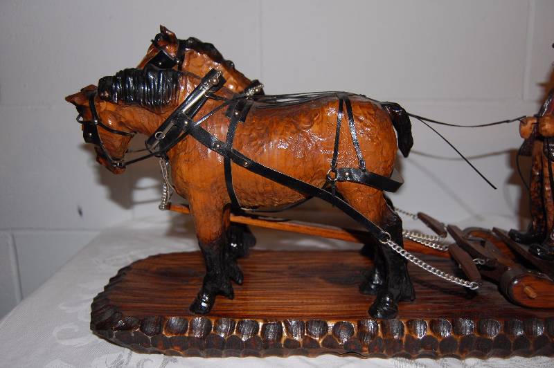 lot 90 image: Hand Carved Wooden Horse and Log Transport