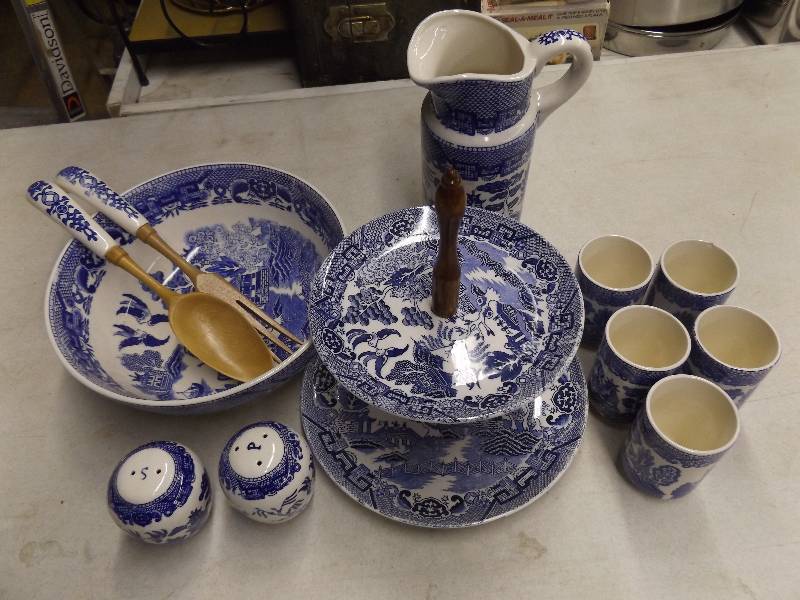 Blue and White Bowl, Pitcher, Server, Glasses