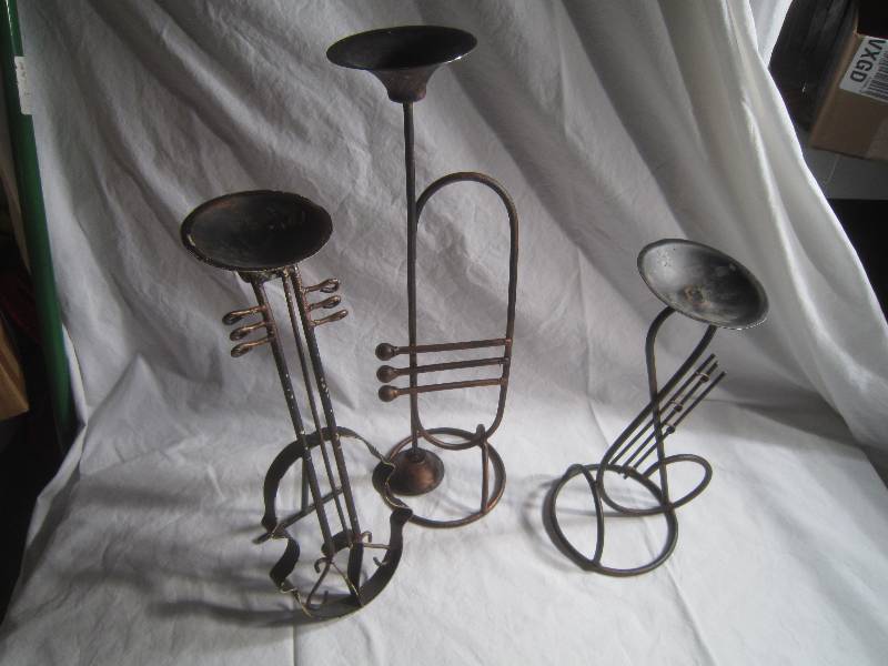 Set of 3 Metal Candleholders Trumpet, Guitar & Musical Staff