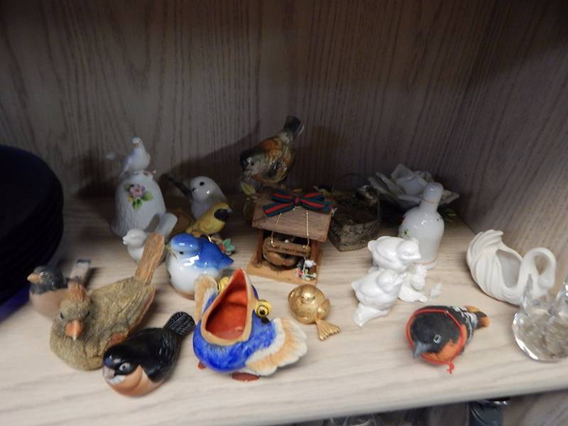 Lot of birds, misc smalls and blue dishes