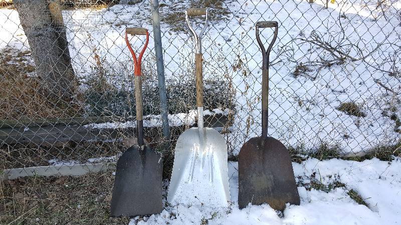 lot 293 image: (3) Metal Snow Shovels - Wooden Handels
