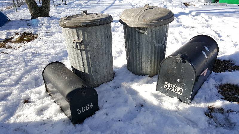 lot 303 image: (2) Metal Garbage Cans & (2) Mail Boxes