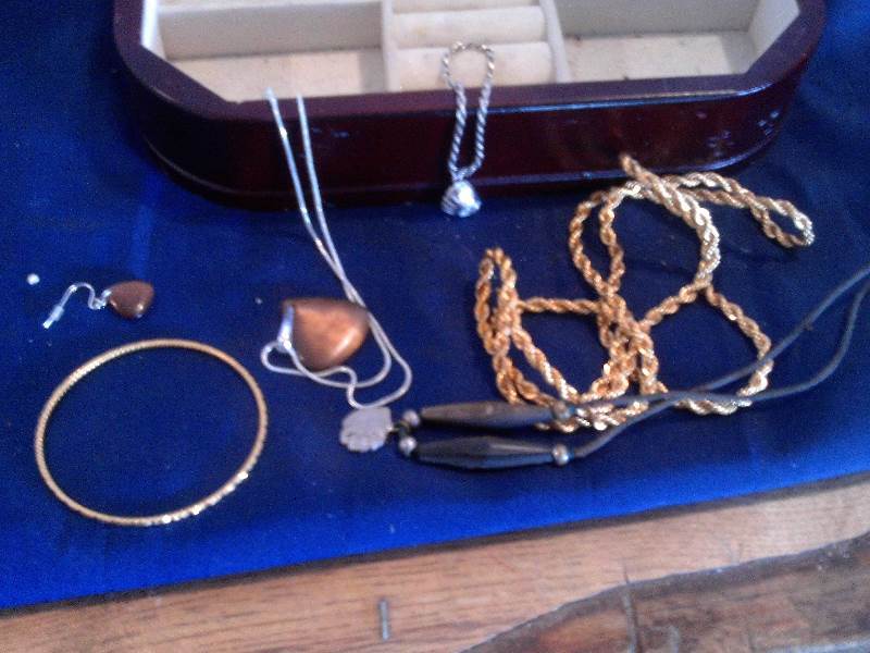 cherry wood jewlery box and some jewlery