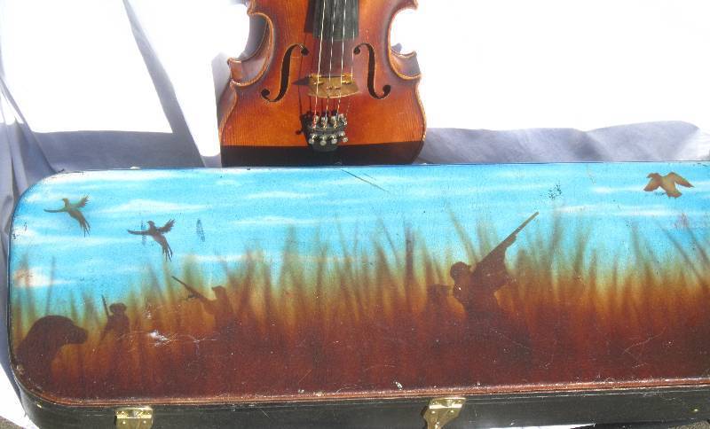 44 Fretschner Handmade German Violin with Hand Painted Oblong Case, Shoulder Rest, and Bow.