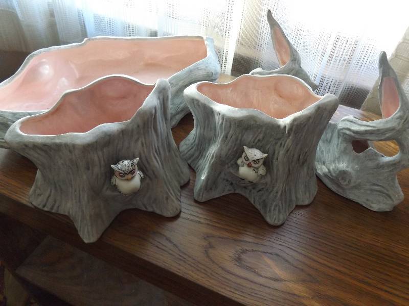Gray and Pink Painted Ceramic Logs with Owls