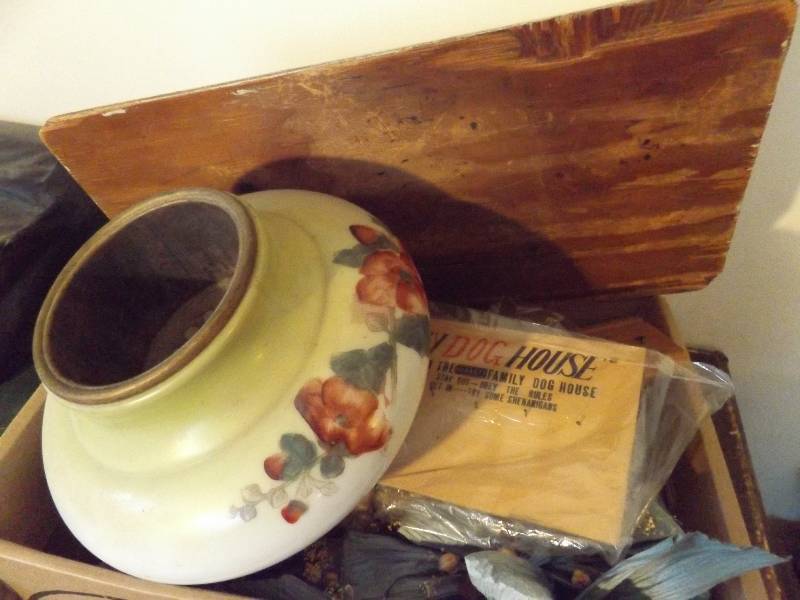 Part of vintage glass lamp, stag mirror, string, embroidery, creamery pitcher, embroidery instructions