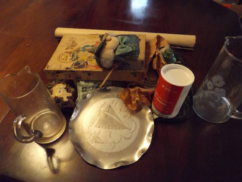 Potpourri including glass pitchers and new shower head, vintage box, serving tray