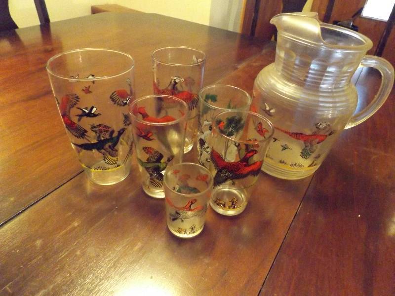 Pheasant Pitcher with Glasses, and Stirring Containers