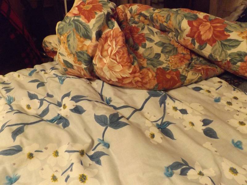 Handmade Quilt - Blue Flowered, some staining, 77 x 97