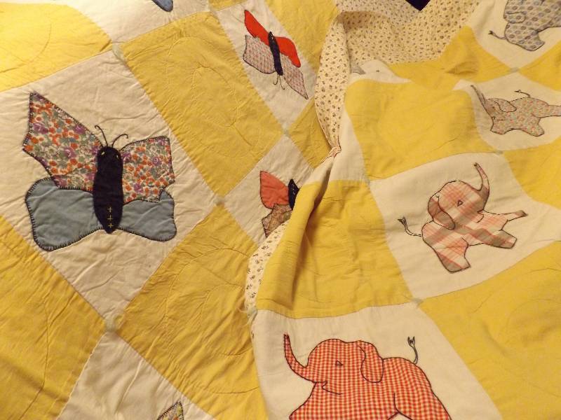 2 Handmade Twin Bed Quilts, one butterflies, one elephants