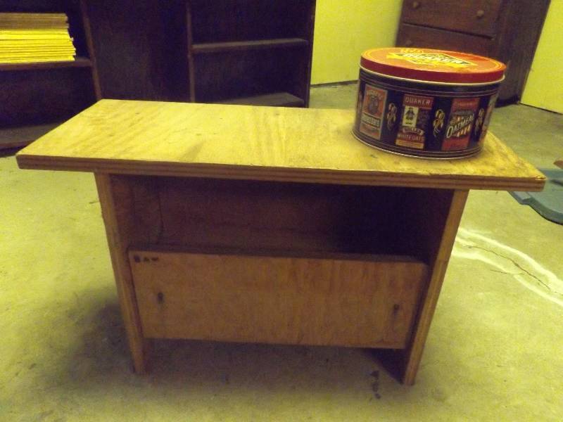 Handmade Tool Bench and Quaker Oats Tin