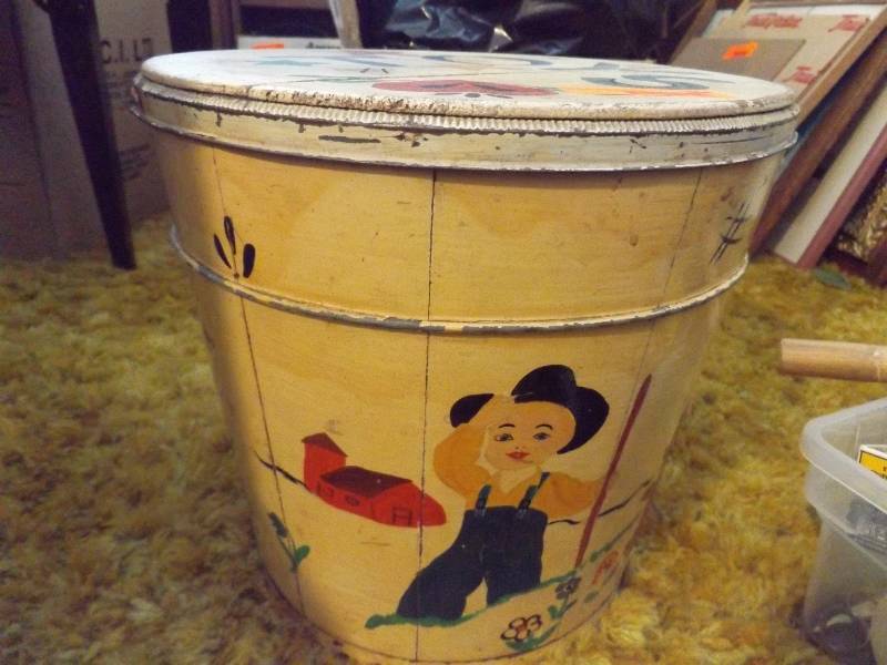 Vintage Round Toy Container and Contents