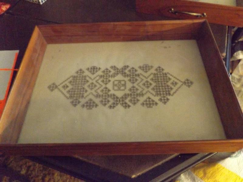 2 Wood and Glass trays featuring Hardanger embroidery