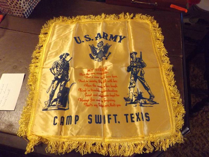 Vintage U.S. Army WWII Memorial Satin Pillow Cover. From Fort Camp Swift Texas.