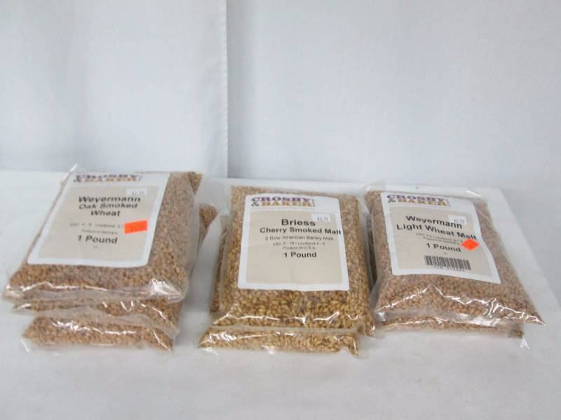 Weyermann Oak Smoked Wheat, Briess Cherry Smoked, & Weyermann Light Wheat Barley Malt