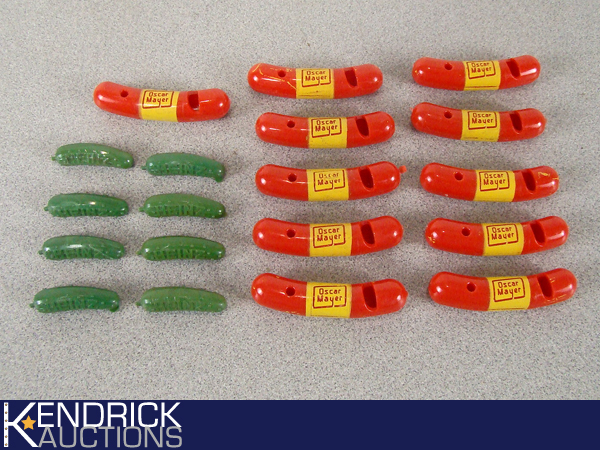Lot of Vintage Oscar Meyer Wiener Whistles, and Heinz Pickle Pins