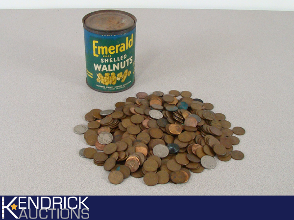 Walnut Can of Antique and Vintage US Pennies and Nickels