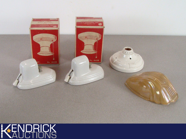 Lot of Art Deco Porcelain Light Fixtures, and a Carnival Glass Shade
