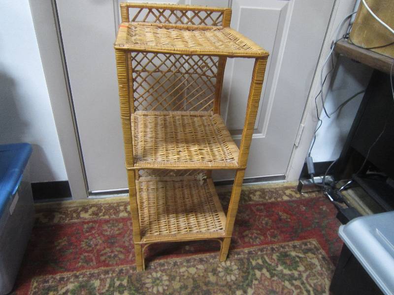 WICKER STAND WITH 3 SHELVES.