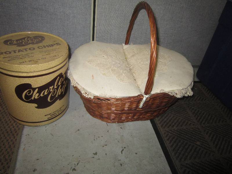 POTATO CHIP TIN AND PICNIC BASKET WITH LACE COVER