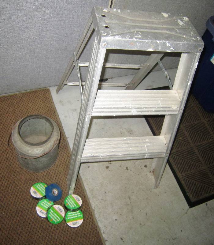 METAL STEP LADDER TIN MILK BUCKET, 6 ROLLS OF ELECTRIC TAPE