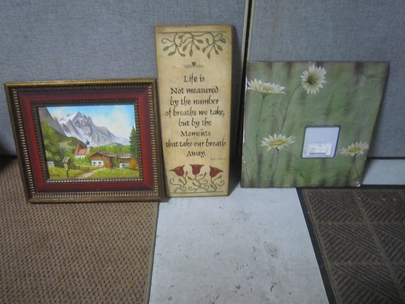 OIL PAINTING AND 2 WOOD PIECES OF ART