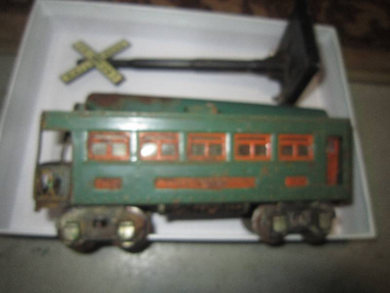RR METAL CROSSING SIGN  & LIONEL OBSERVATION CAR