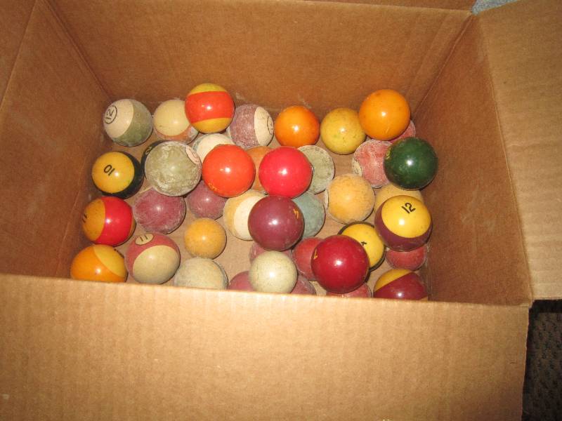 BOX OF POOL OLDER CUE BALLS