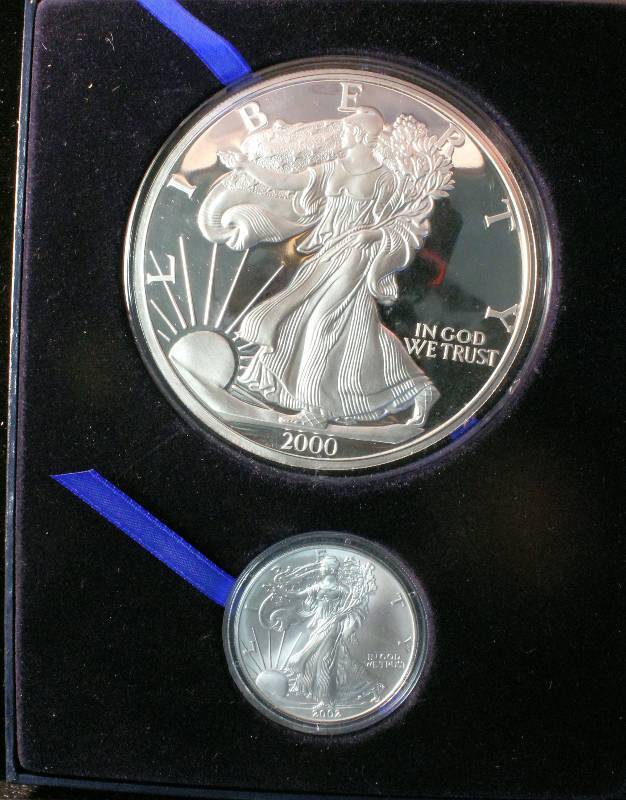 LARGE 12 POUND 2000 SILVER EAGLE & 1 TROY OZ. 2002 SILVER EAGLE BOTH .999 FINE SILVER