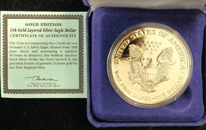 2000 GOLD PLATED AMERICAN SILVER EAGLE 1 TROY Oz. .999 FINE SILVER IN AIRTITE HOLDER