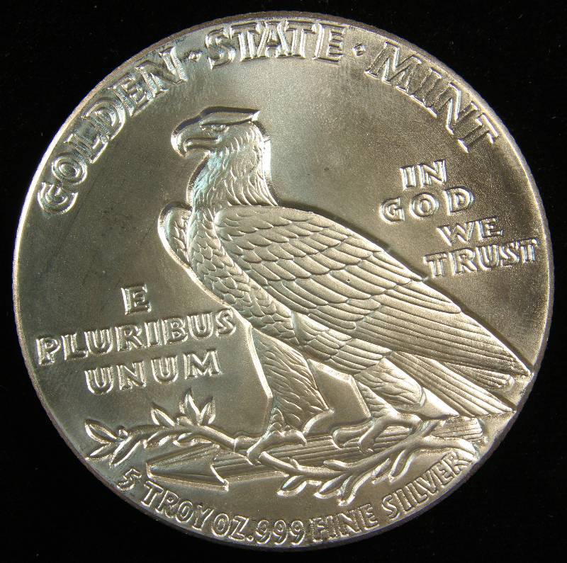5 TROY Oz. .999 FINE SILVER ROUND INCUSE INDIAN DESIGN
