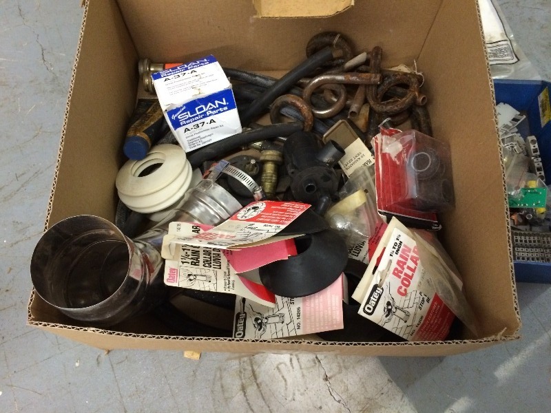 Assorted box lot of misc plumbing, electrical, boiler parts and components