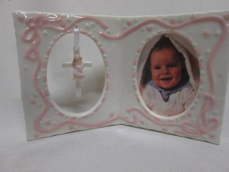 Porcelain Baby Girl Frame with Cros...