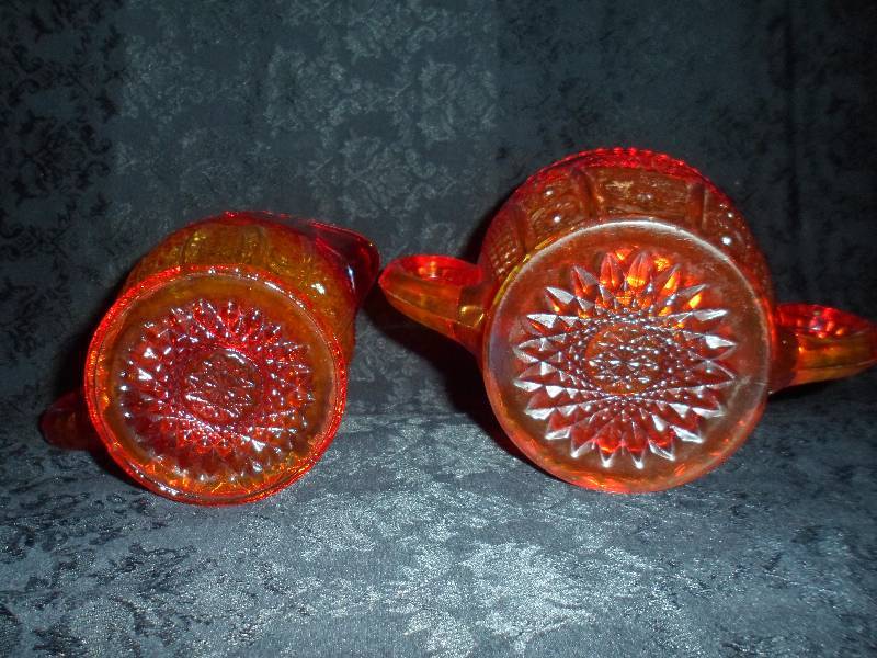 Indian Red Sunset Carnival Glass Creamer & Sugar Bowl Set