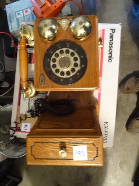 lot 193 image: Old style phone with small drawer and hooks for kets