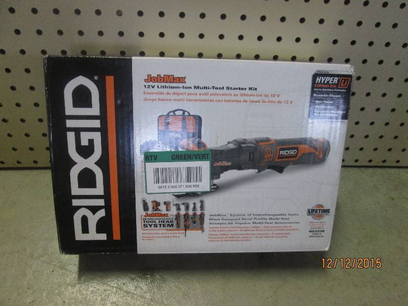 lot 20 image: Rigid Job Max 12v Lithium Ion battery multi tool starter set, appears new