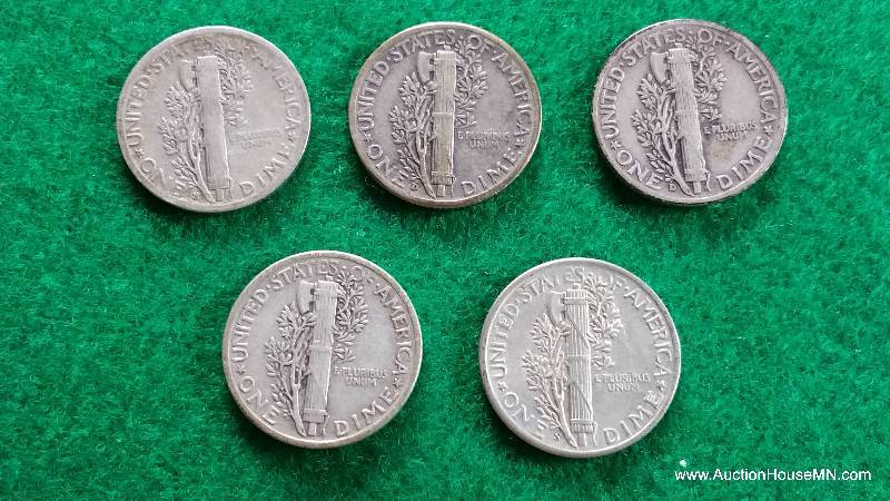 Group of (5) Mercury Silver Dimes
