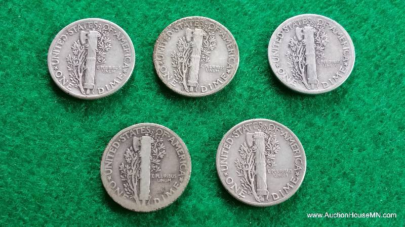Group of (5) Mercury Silver Dimes