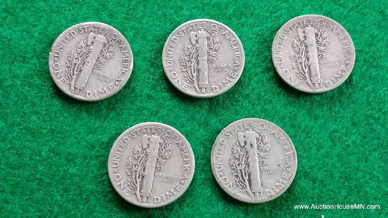 Group of (5) Mercury Silver Dimes