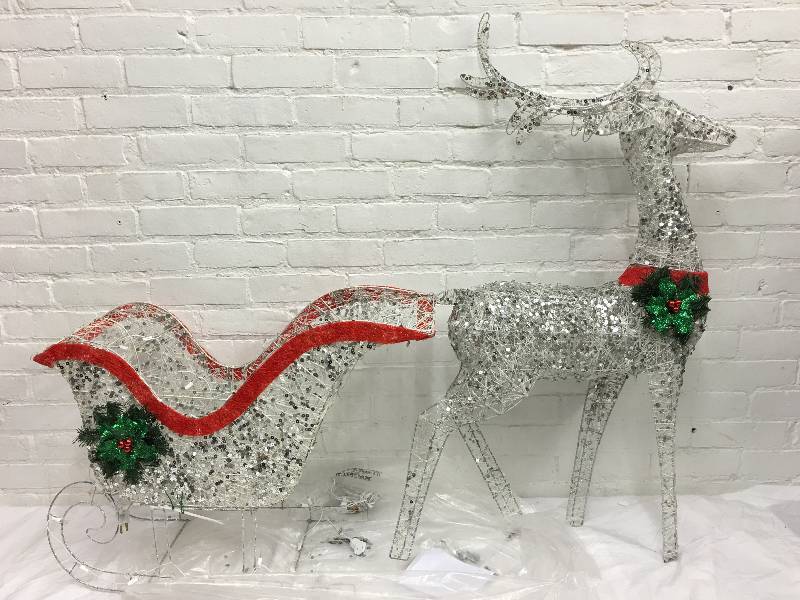 lot 99 image: 53 Lighted Silver Glitter Reindeer w Sled retail $129